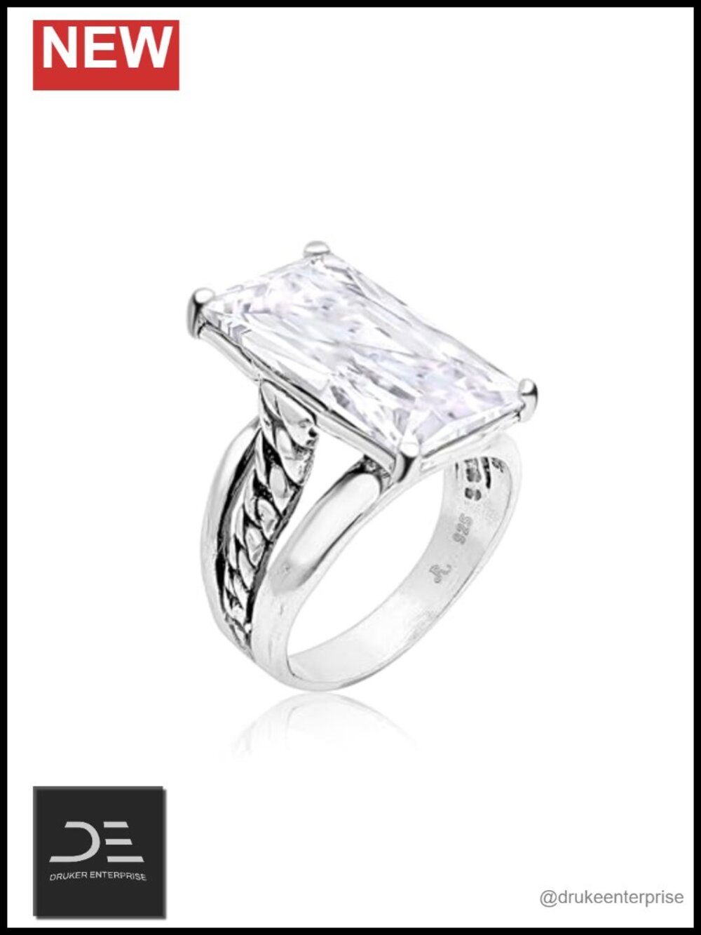 925 Sterling Silver Statement Ring Vintage Curb Chain Baguette CZ Artisan